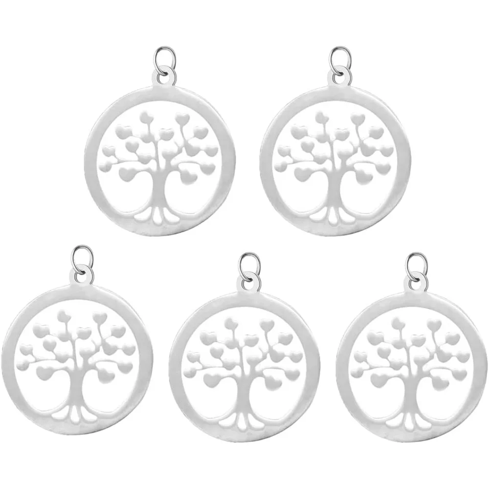 5Pcs 15mm Tree of Life with Stainless Steel Pendants Tree of Family Necklace Charm Flat and Round with Unsoldered Jump Rings
