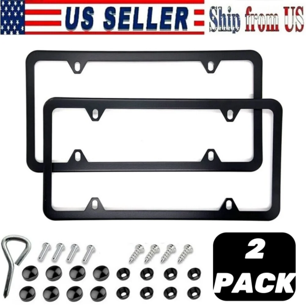 2Pcs Black Stainless Steel Metal License Plate Frame Tag Cover With Screw Caps