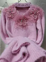 Heavy Industry Beaded Flowers Stitch Knitted Autumn Winter Bottoming Sweater For Women's Outerwears Knitted Pullover Tops