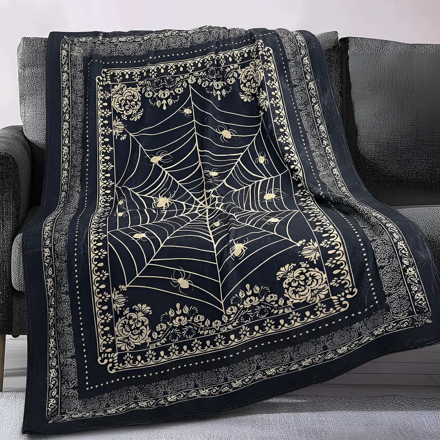 Spider Web Blanket 84'' x 60'' Halloween Gothic Gift for Women Men Whimsigoth Throw Blanket Soft Flannel Victorian Witchy Birthday Gifts for Couch Bed Chair Goth Halloween Room Decor