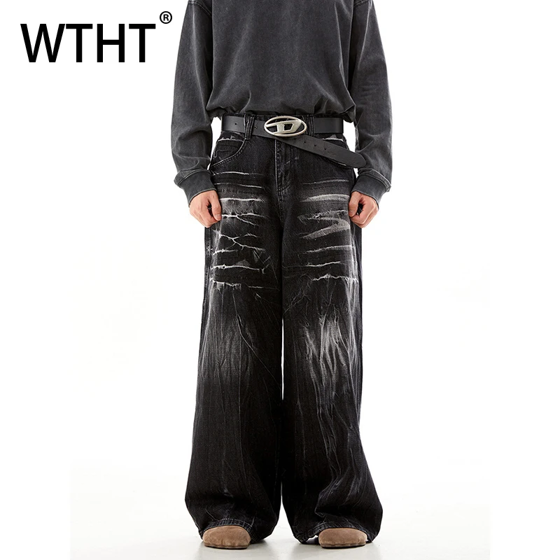 

WTHT Fashion Summer Men's Do Old Design Loose High Street Denim Pants Vintage Trendy Casual Straight Wide Leg Jeans Male 2A0118