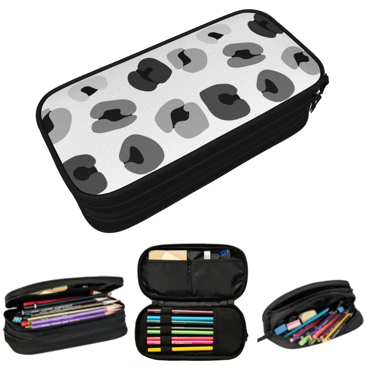 

Grey Leopard Print And Cheetah Spot Pencil Case for Boy Girl Gifts Pen Box Pencil Bag Stationery Supplies Pen Holder Bag