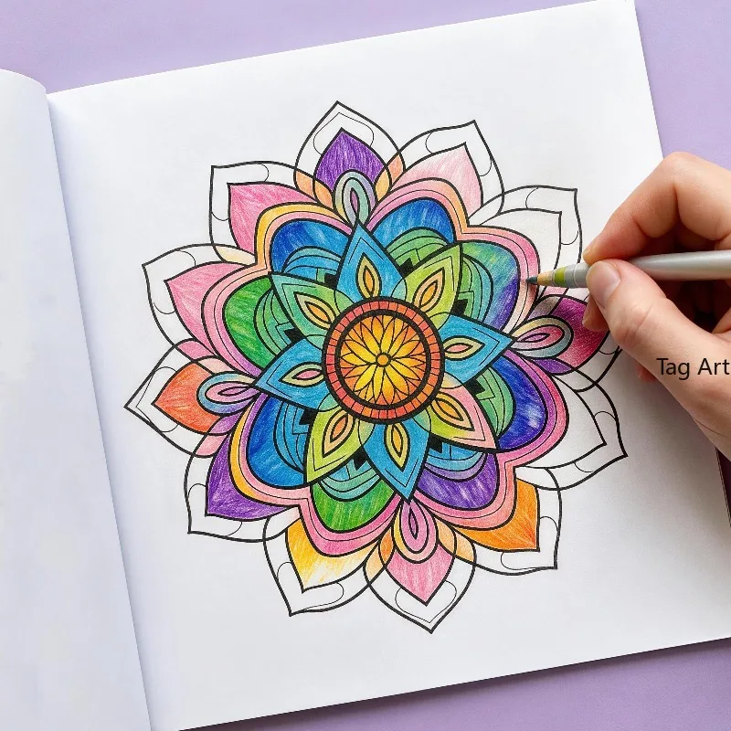 An Adult Decompression Mandala Meditation Coloring Picture Book, Colorful Symmetrical Flower Line Draft Drawing, 36 Patterns