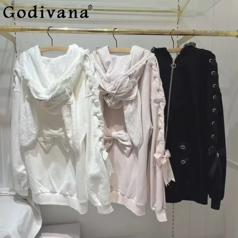 

Y2K Subculture Japanese Original 2025 Autumn New Sweet Girl Bunny Ear Lace Hooded Sweatshirt Cute Loose Tie Long Sleeve Jacket