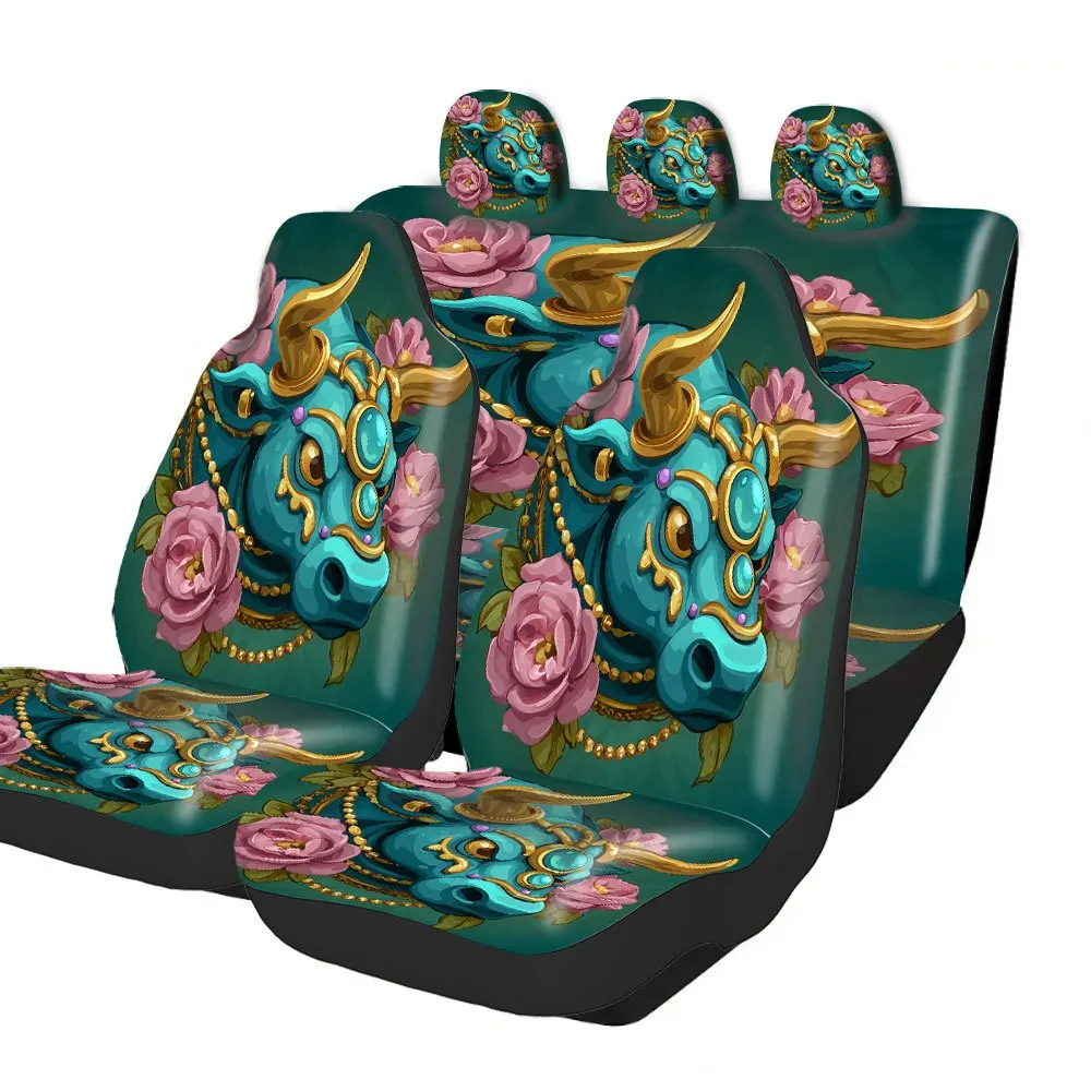 Complete Set Of Floral Print Car Seat Covers Made From High-Quality Polyester, Featuring A Bull Head And Flower Ornament Design.