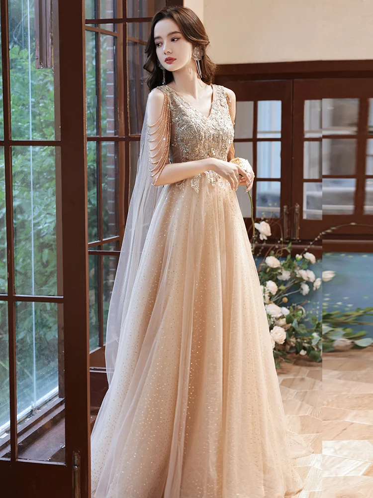 

Champagne Color Evening Gown aduation Performance Host Student Long Sve Deep V Ne Floor Length Korean Sle Wedding Dr