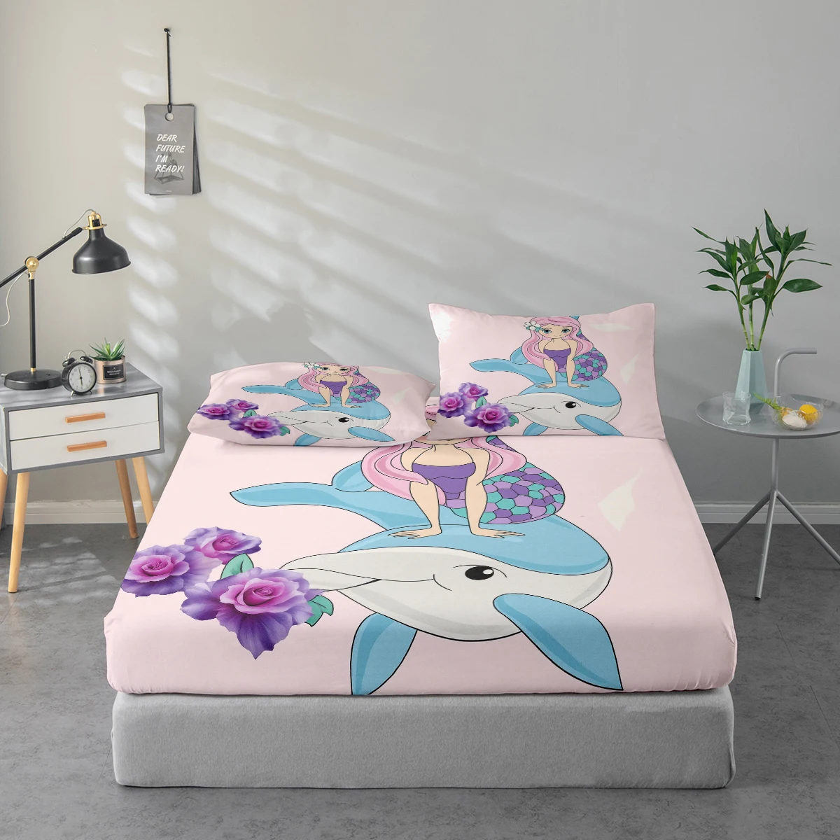 Juego de Sábanas con Estampado de Ariel, Protector de Colchón y Funda de Almohada, Juego de Sábanas con Estampado de Alta Definición que Incluye 1 Sábana Ajustable + 1 o 2 Fundas de Almohada (60*100cm y 72*132cm son 1 funda de almohada, el resto de los tamaños son 2 fundas de almohada). Adecuado para dormitorio y habitación de invitados. Ropa de Cama de Poliéster Ultrasuave, Lavable a Máquina, Apta para Todas las Estaciones