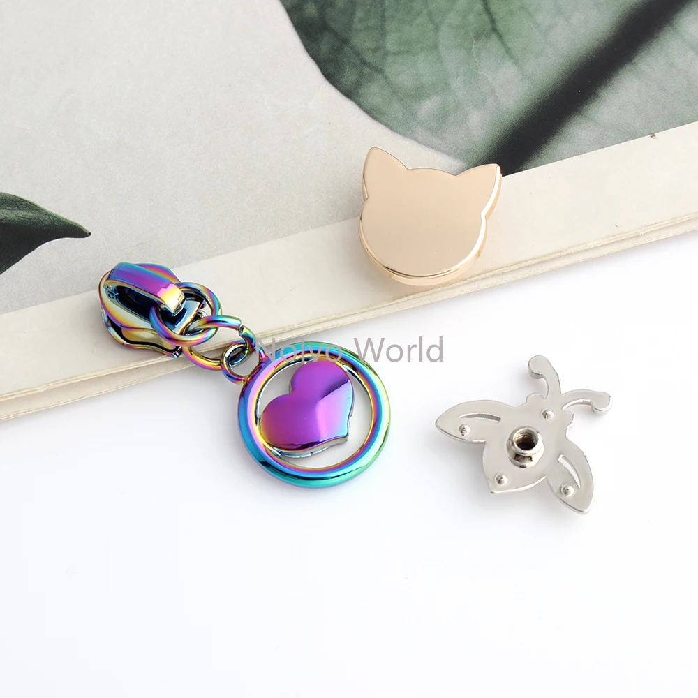 Love Shape 5# Nylon Zipper Puller Head Mtetal Rivets With Screw For Leather Garment Shoes Bags Cat/Bee Stud Pendants Accessories
