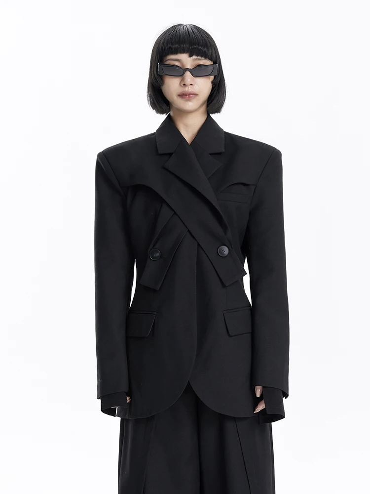 

TINY in Original Design High-End Bla Cross Collar Double-Breasted Waist-Cinched Suit Jaet for Women Long Sve Pure Color