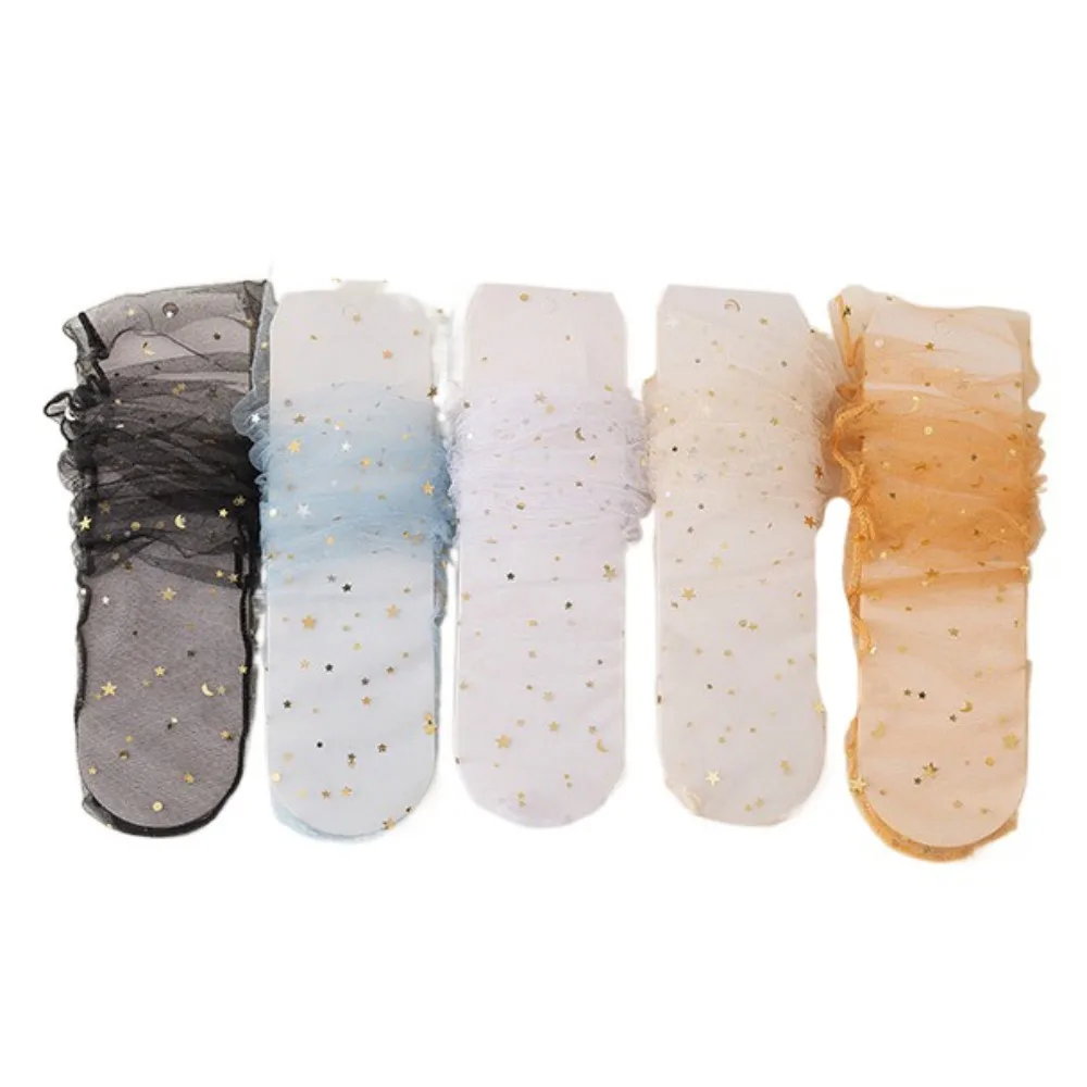 5Pairs Star Moon Transparent Bow Socks Mid-calf Breathable Tulle Shiny Socks Female Hosiery Sweet Mesh Tube Socks Women Lady
