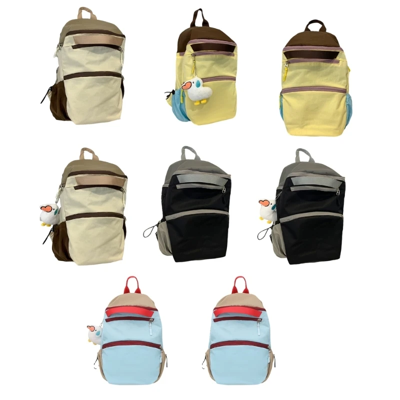 Trendy Color Contrasting Teen Girls Backpack Multipurpose Large Capacity School Bag with Pendant Multiple Pocket Daypack