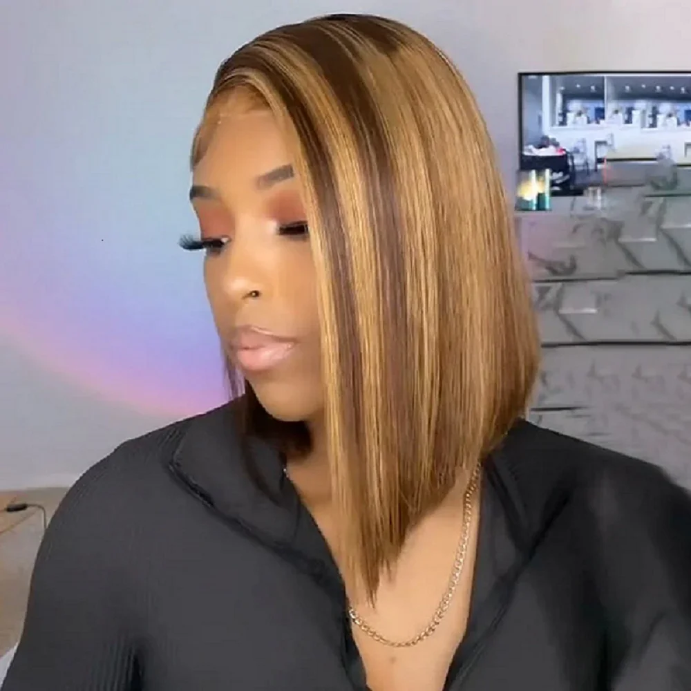 Bob corto 6x4 resaltado recto Ombre marrón pelucas sin pegamento cabello humano prearrancado precortado HD cierre de encaje pelucas sin pegamento