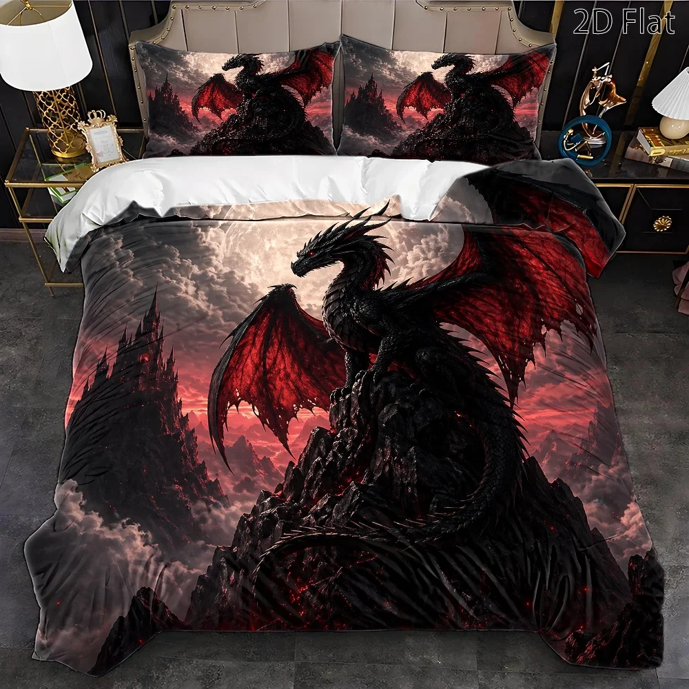 3Pc Dark Dragon and Blood Castle Themed Duvet Cover Set, Three-Piece Bedding Set (1*Duvet Cover + 2*Pillowcases), Suitable for All Seasons, Machine Washable Bedding, Large Duvet Cover Set with Invisible Zipper Design, Double Bed Cover Suitable for Home, Dormitory, Master Bedroom, Guest Room, Magical Style Digital Print Bed Cover Set, Hot-Selling Easy-To-Clean Bedding Set, Dark Style Bedroom Decor Bedding Set, Vintage Dragon Pattern Castle Duvet Cover, Comfortable and Skin-Friendly