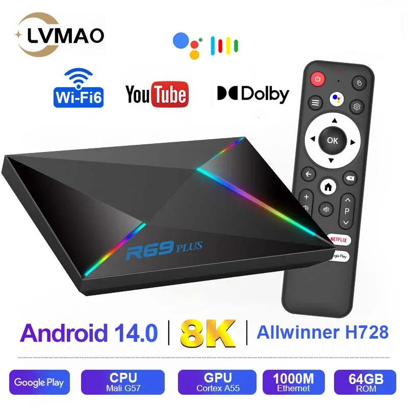 LVMAO Android 14 TV BOX R69 Plus Allwinner H728 Google Wifi6 1000M 64G Cortex A53 8K Dolby BT5.0 Voice Media player Set Top Box