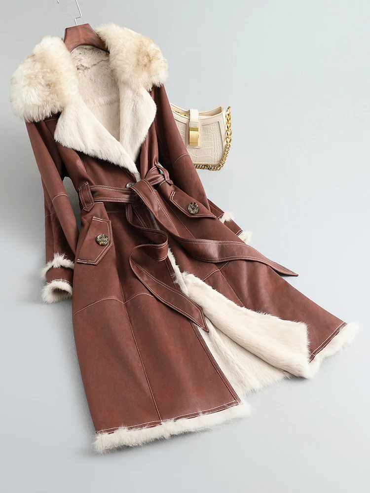 

Leather and fur integrated jacket for women's mid length 2023 new Haining high-end lamb fur collar rabbit fur jacket