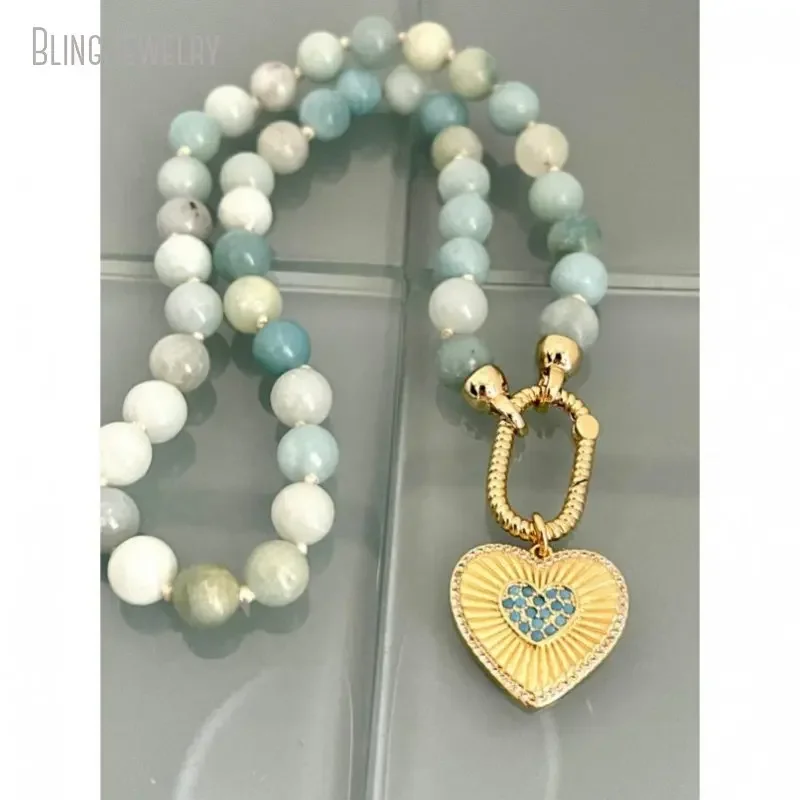 

Amazonite Bead Choker Heart Pendant Natural Stone Carabiner Screw Clasp Lock Necklace Women Love Talisman Halloween Gift Jewelry