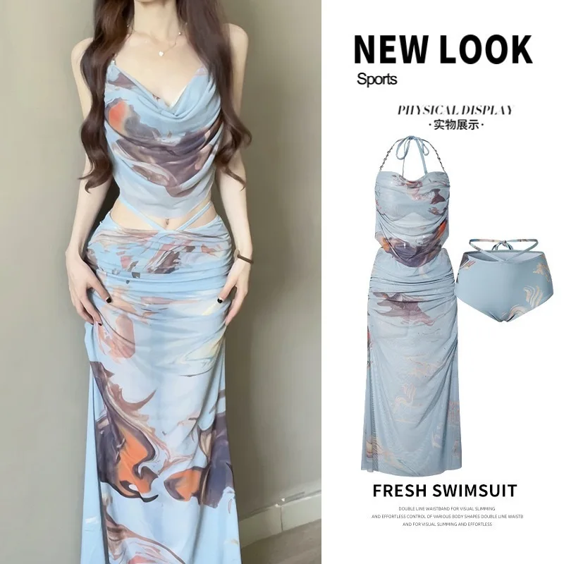 Women Stylish Bikini Three Piece Swimwear Small Chest Gathered Steel Support Long Dress Summer Vacation Beach Outfit