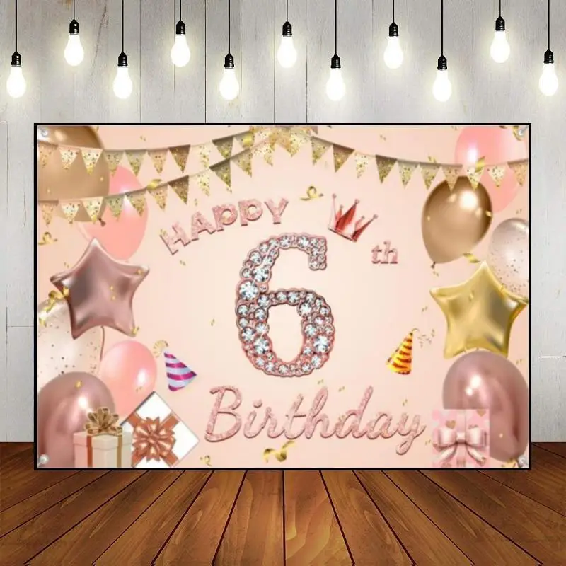 

Happy 6th Birthday Background Baptism Backdrop Vintage Boy or Girl Party Communion Prince Teddy Bear Baby Shower Golden Balloon
