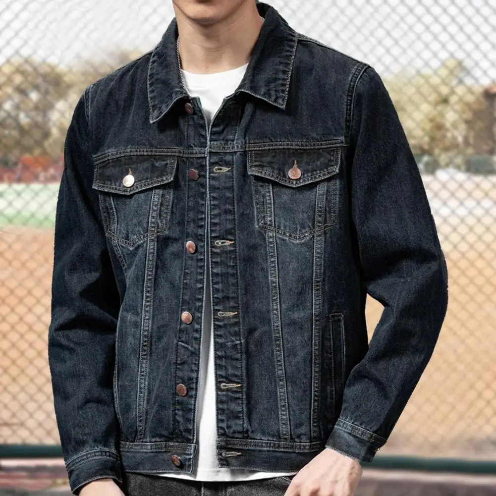 Single Breasted Coat Stylish Men's Denim Jacket with Multiple Pockets Lapel Single-breasted Cardigan for Spring Fall for A