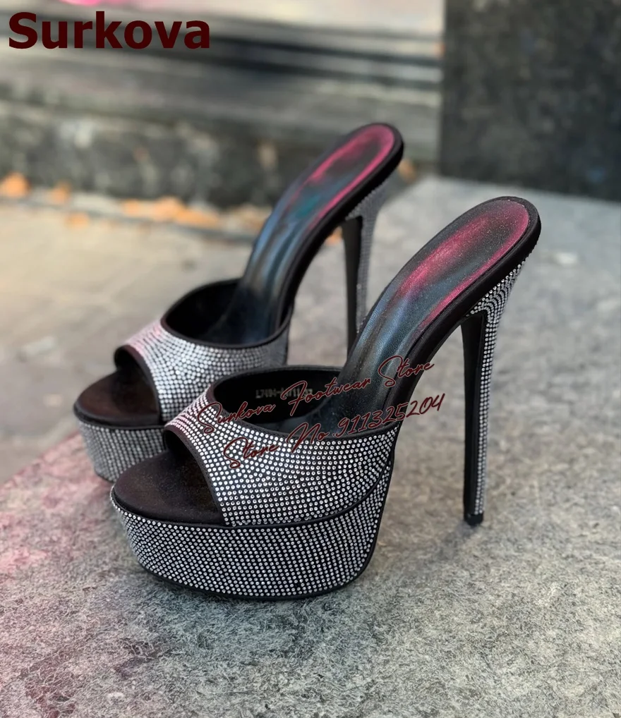 

Surkova Silver Crystal Bling Bling High Heel Mules Rhinestone Stilettos Platform Modern Slippers Slip-On Outside Dress Sandals
