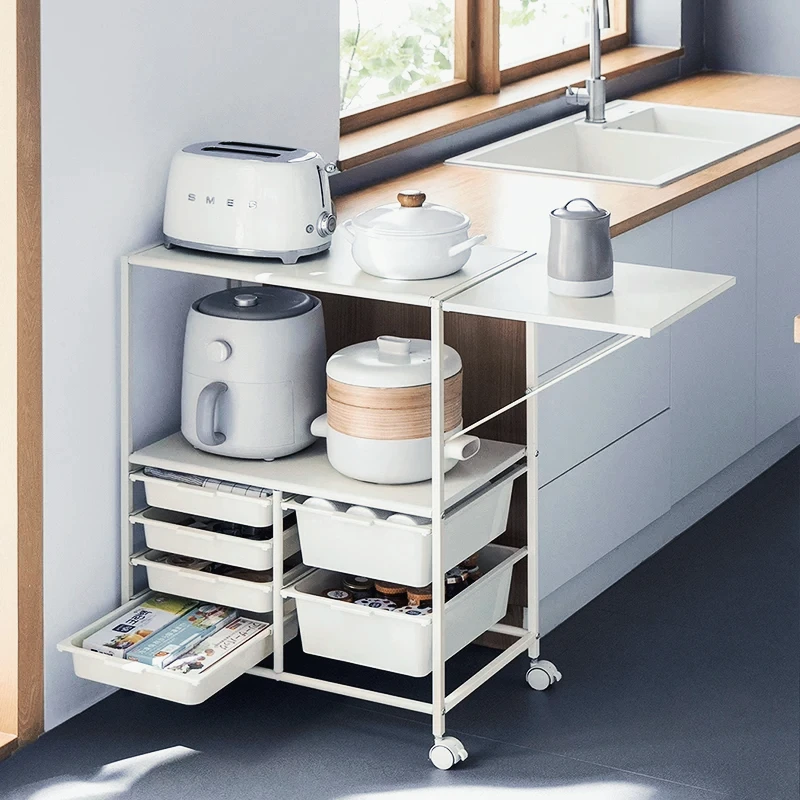 

Multi-layer Kitchen Cart Sideboard Tea Handcart Extension Design Multi-functional Microwave Storage Mobile Kitchen Cabinet