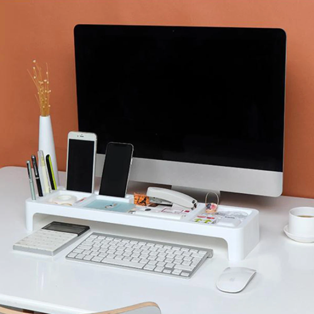 

Multifunctional Keyboard Shelf White Abs Material Space Saving Desktop Organizer Rack For Home Office With Many Lattices