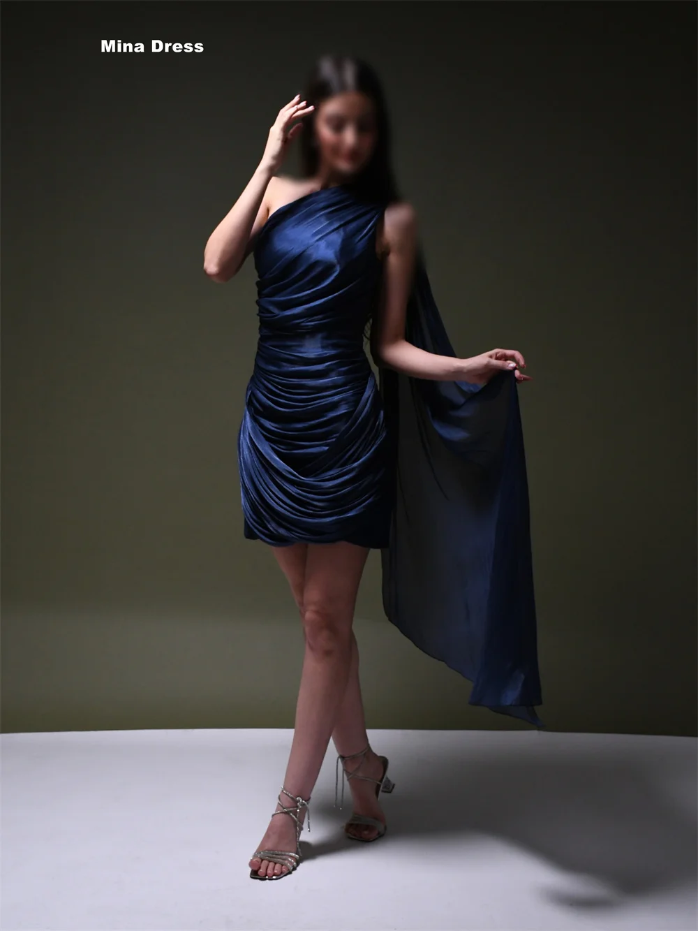 Mina Customized Gray Slant Shoulder Pleated Sleeveless Short Style Saudi Women's Evening Dress Prom Dresses 2026 Luxury Wedding