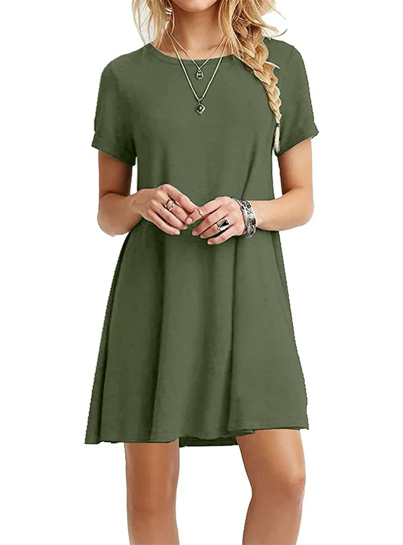Women Mini Dress Summer Casual Boho Beach Dresses Solid Color O-Neck Short Sleeve Party A-Line Dress Vestidos