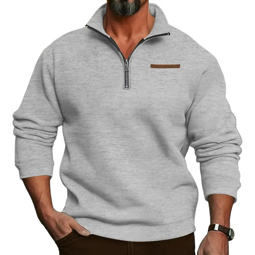 

Men Loose Sweatshirt Men's Half Zipper Stand Collar Sweatshirt with Plush Lining Elastic Cuffs Winter Pullover for Holiday
