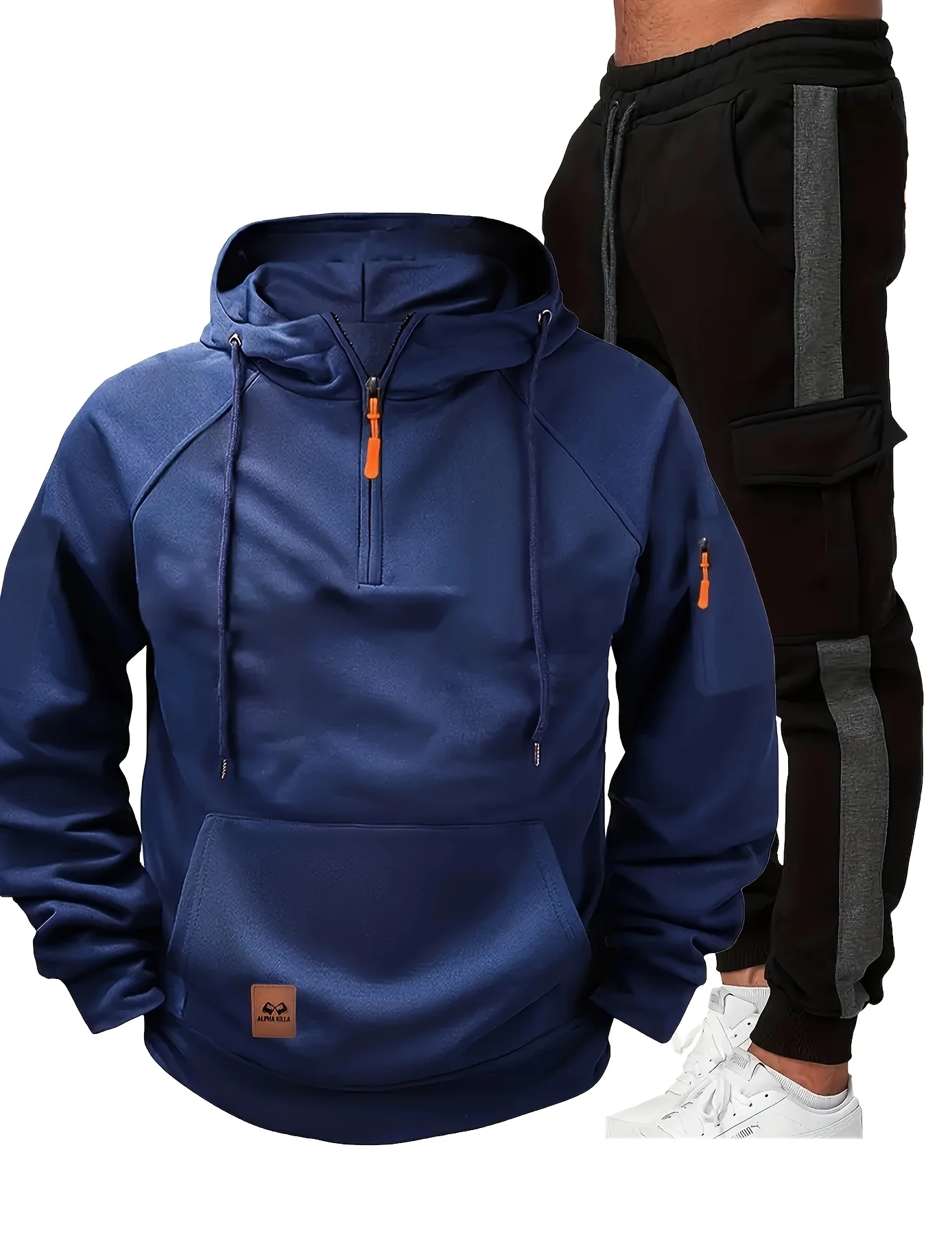 Ensemble de sport 2 pièces pour hommes : sweat à capuche bleu vibrant zippé et pantalon de jogging noir et gris avec accents blancs - fibre de polyester, casu