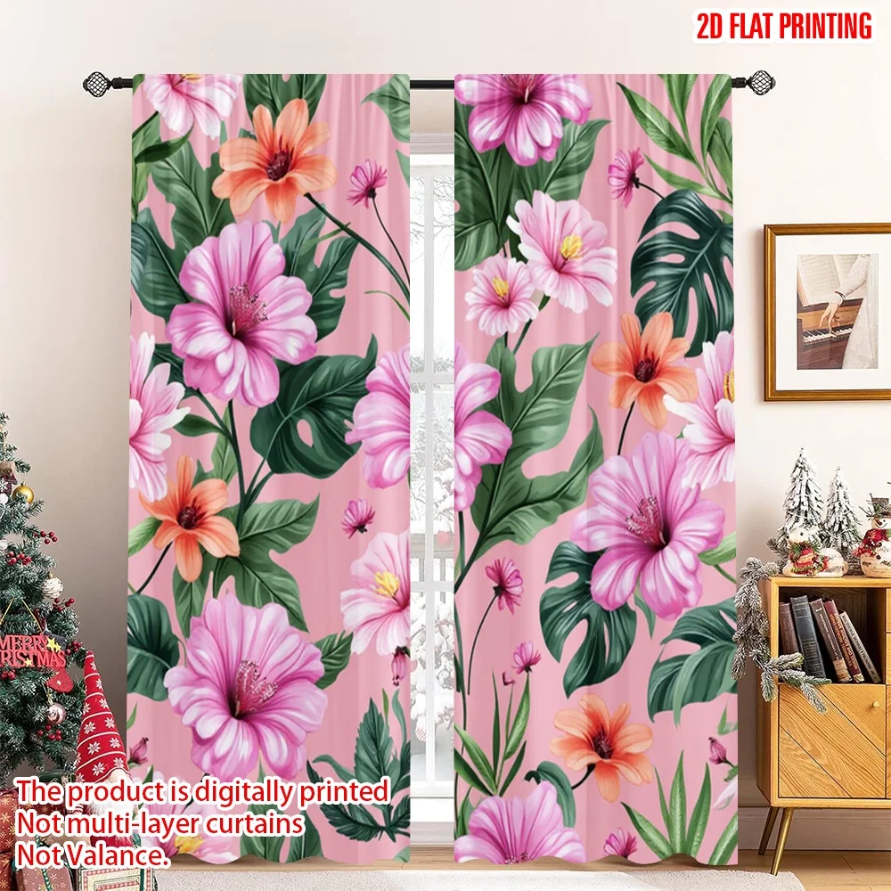 2pcs 2D flat printing Window Drapes Tropical Hibiscus Palm Leaves Digital Printed Polyester Drapes Birthday Party for Bedroom