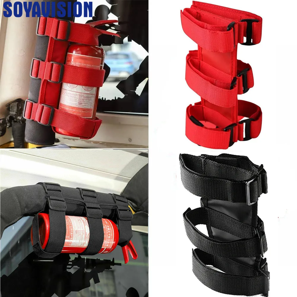 Czarno-czerwony uchwyt na gaśnicę z regulowanym paskiem do Jeep Wrangler JK JKU TJ CJ YJ LJ JL JLU