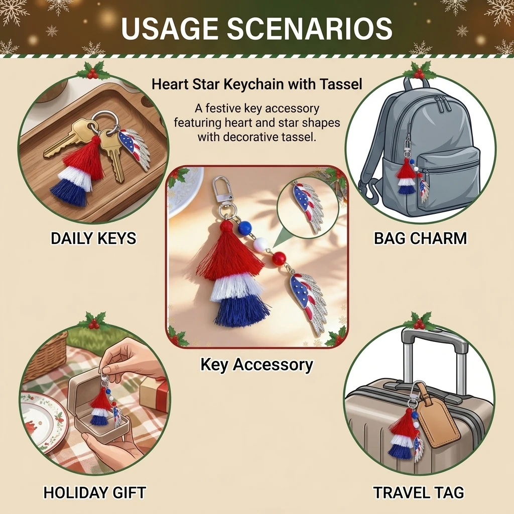 Keychain Alloy Heart Star Tassel Pendant Durable for American Independence Day 4th of July Party Gift Accessories