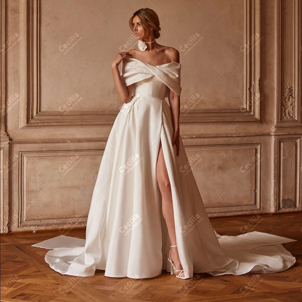 

Graceful Wedding Dresses A-Line Satin Bridal Gowns Off The Shoulder Robes High Slit Backless Glamorous Vestidos De Novia 2024