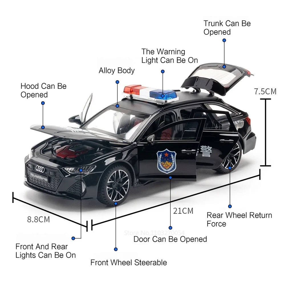 Modèle de voiture de police RS7 en alliage moulé sous pression pour enfants, 6 portes ouvertes, corps en métal, caoutchouc, son et lumière, nervure arrière, véhicule jouet, cadeau, 1/24