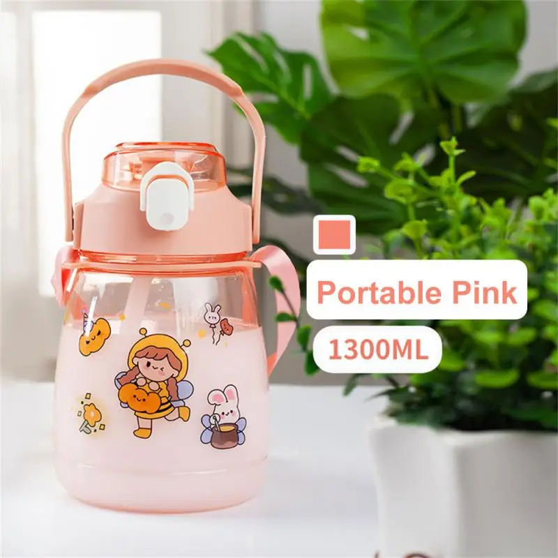 4colors Cute Big Belly Cup 1300/1100ml Portable Water Bottle With Time Marker Stickers Straw Outdoor Sports Drinking Cups