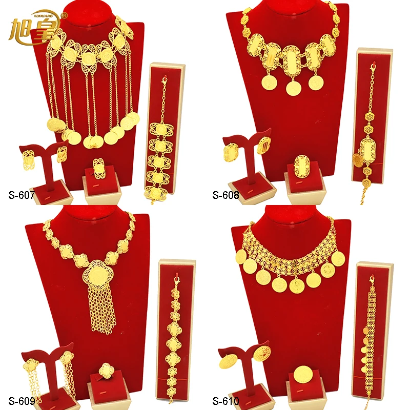 

XUHUANG African Gold Plated Jewelry Ethiopian Bridal Coin Pendant Vintage Tassels Necklace Earings Bracelets Sets Wedding Gifts