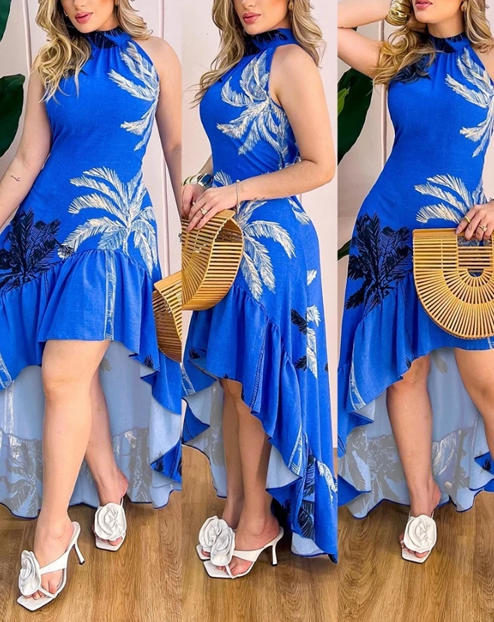 Damen kleid 2024 Sommer lässig Urlaub übergroße Palmblätter drucken Mock Neck ärmellose Rüschen Saum geraffte asymmetrische Kleid