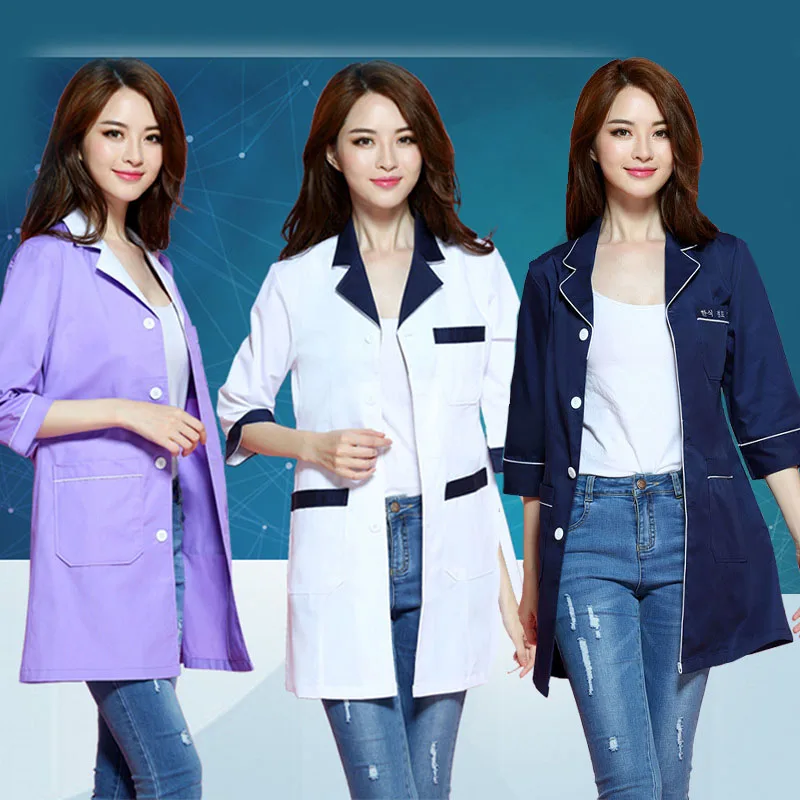 Quality Pretty Beauty Institution Nurse Scrub Coat Women Lab Coat Fashion Middle Sleeve Medical Uniforms Long Workwear Jacket