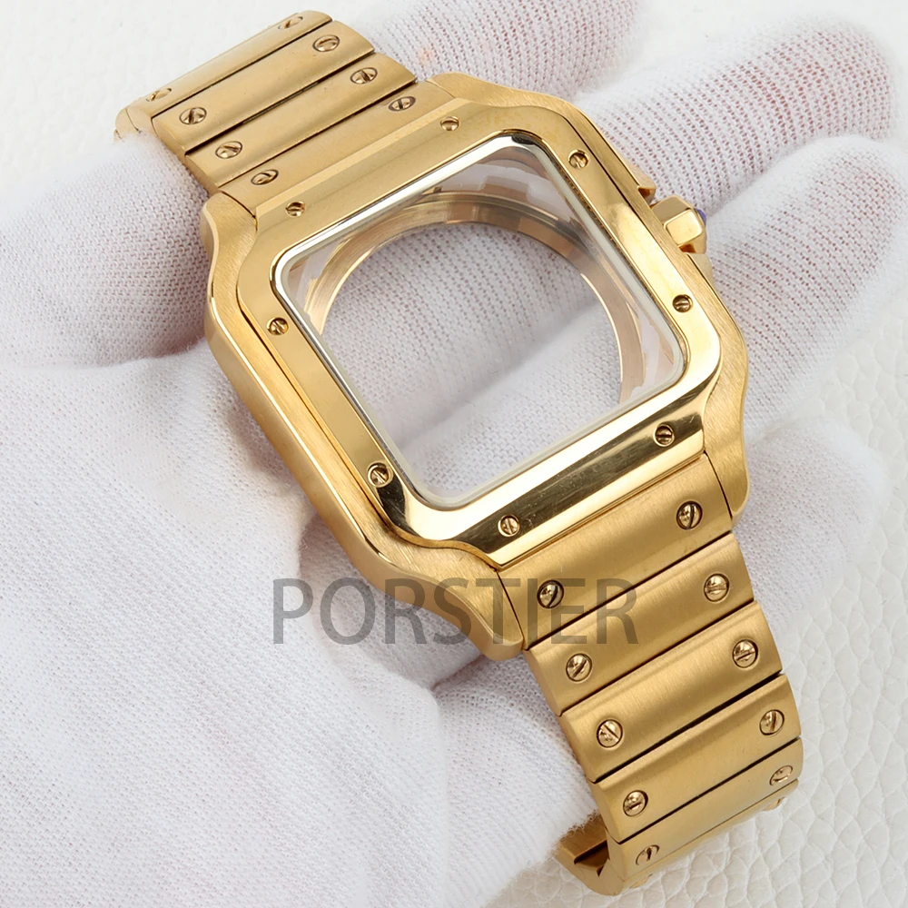 38mm Square Watch Case 316L Stainless Steel Watchband 10ATM Waterproof for Santos NH35 NH35 NH38 Automatic Movement 27mm Dial