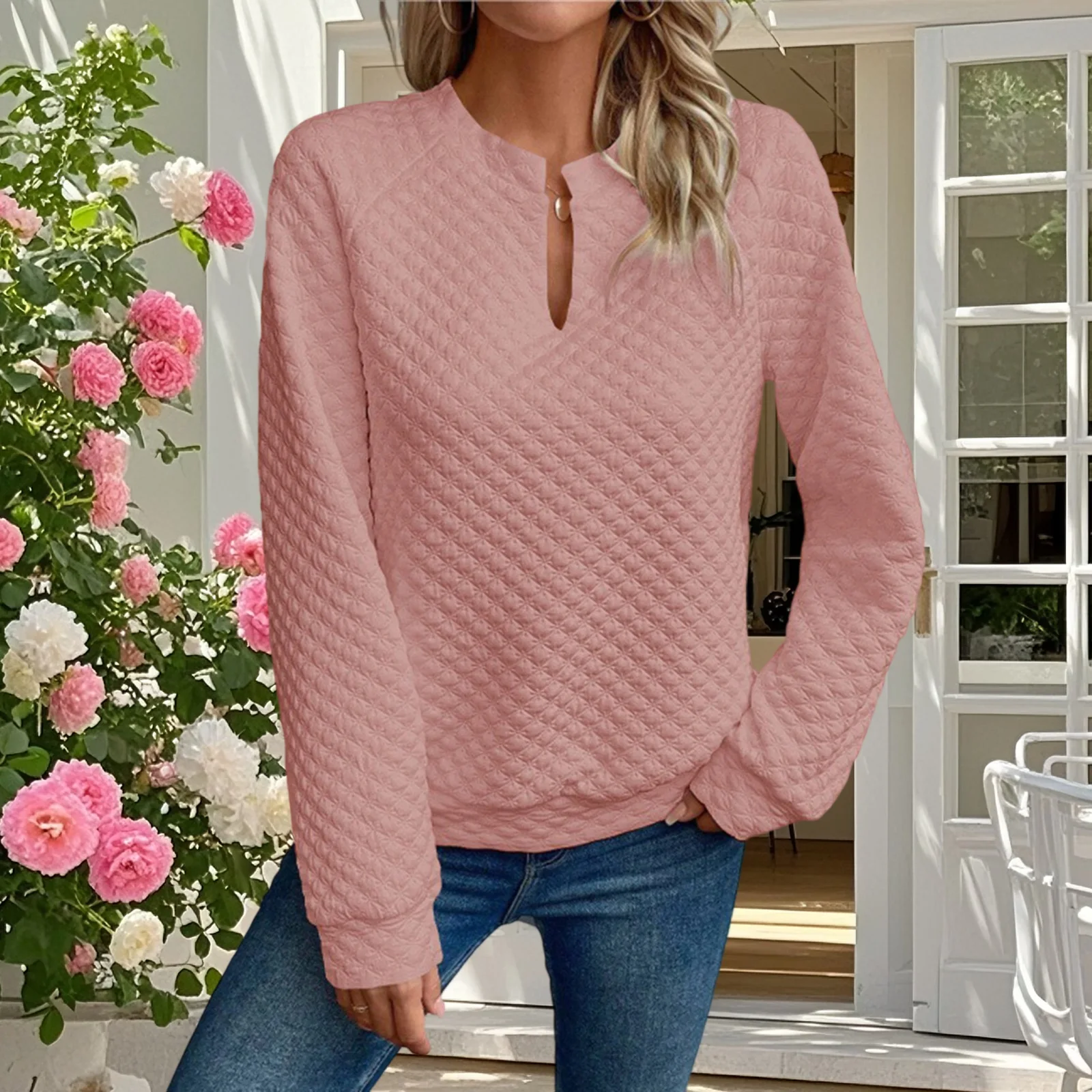 春秋の女性のルーズスウェットシャツカジュアル長袖 V ネックシンプルなプルオーバートップス