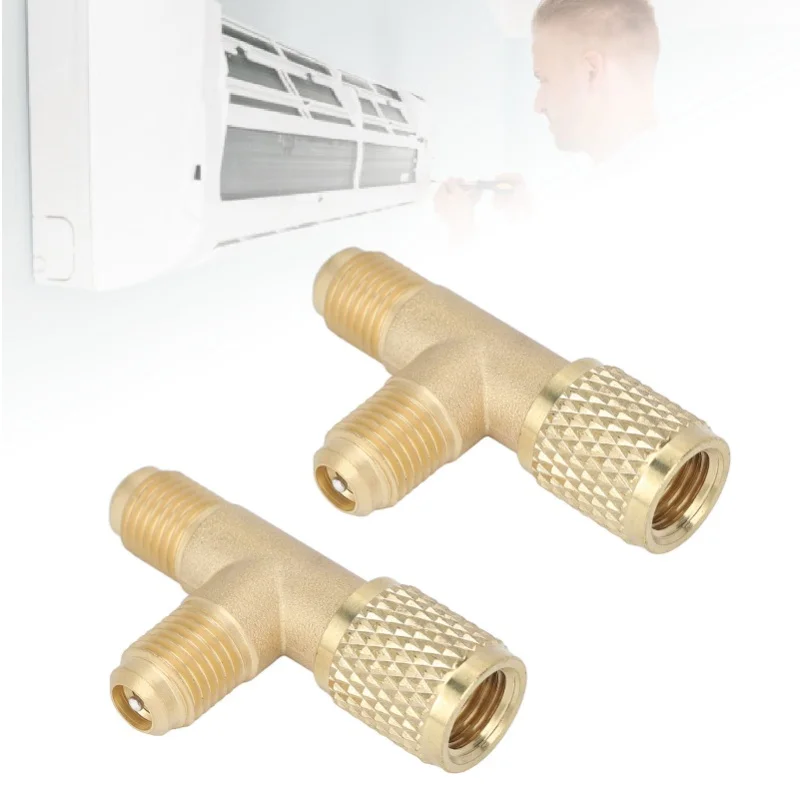 1/4in SAE Quick Coupler Tee Adapter 2pcs Brass With Valve Core Sturdy Structure For R134 R22 R12