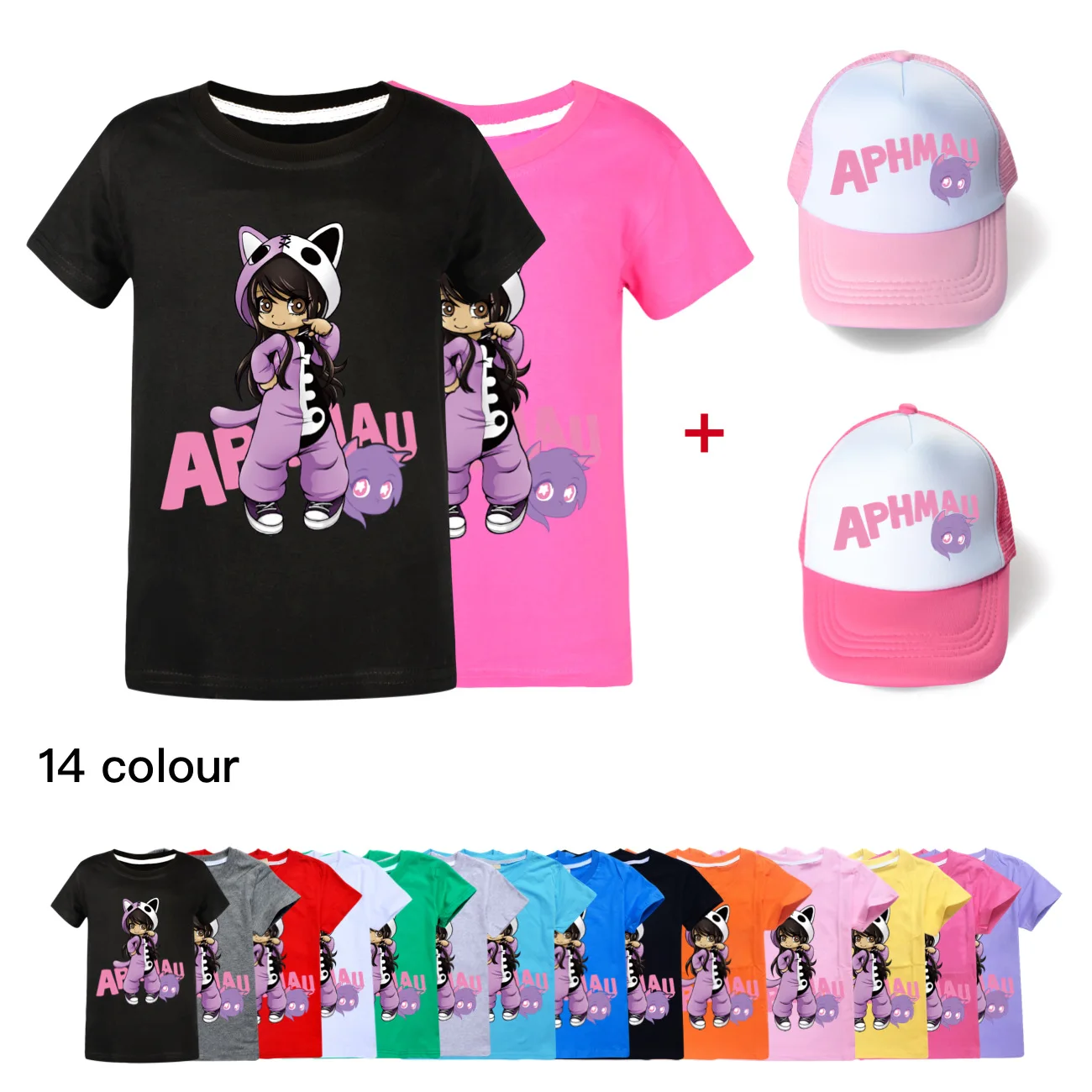 

Anime Aphmau Cat Kids T-shirts Costume Boys Girls Summer Tees Top Clothing Children Clothes Baby Casual Tshirt +Baseball Cap hat