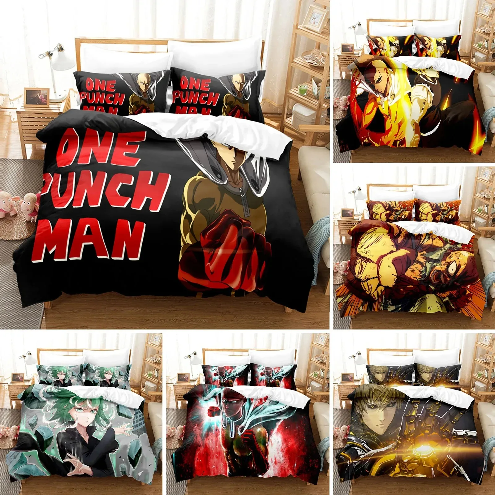 Ensembles de housse de couette Anime Anime pour enfants, linge de lit One Punch Man, taie d'oreiller, cadeau de literie pour enfants, filles, Twin Full, Queen, King Size