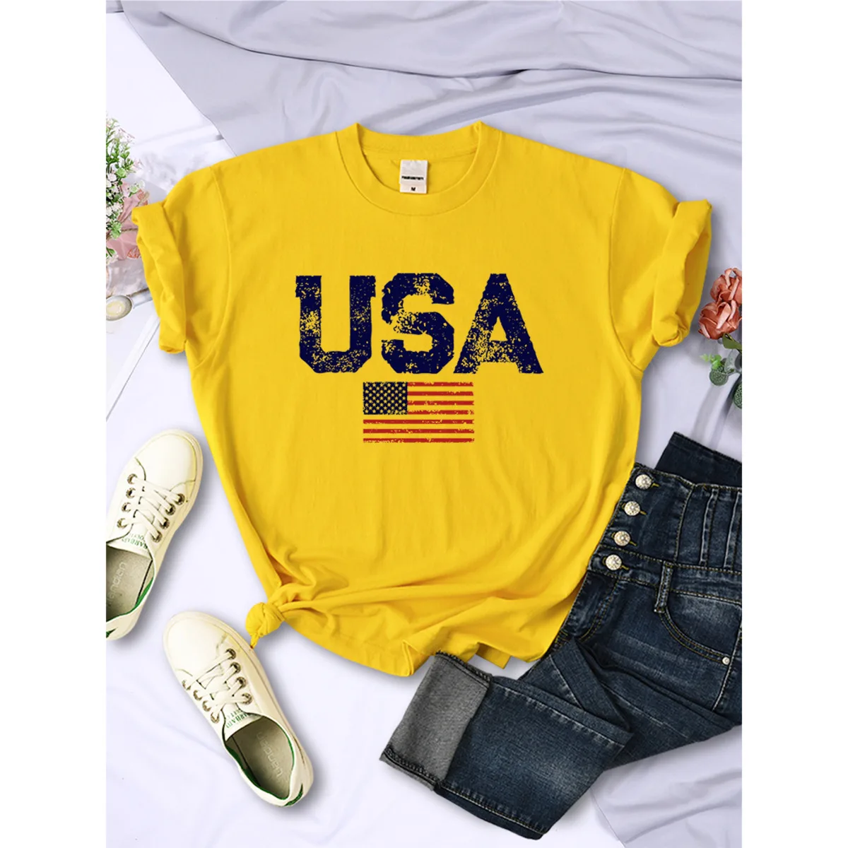 T-shirt imprimé USA Feel Stars and Strihear pour femmes, lettres américaines, rue, hip hop, t-shirt, vêtements d'été, respirant, femme