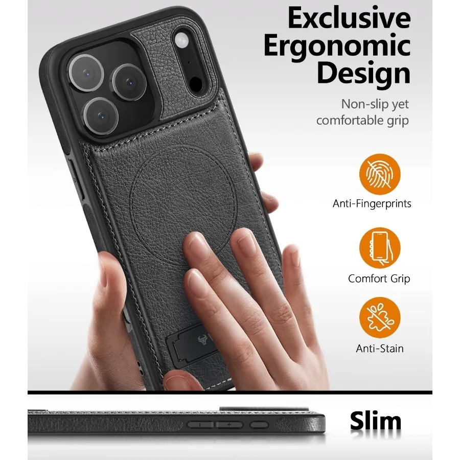 حافظة جلدية مغناطيسية لهاتف iPhone 17 Pro Max مع حامل مدمج غير مرئي وغطاء هاتف واقٍ نحيف متوافق مع Magsafe