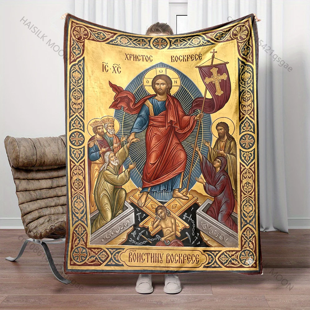 1PC Religious resurrection icon painting print blanket Prayer blankets for believers suitable for home sofa camping travel car