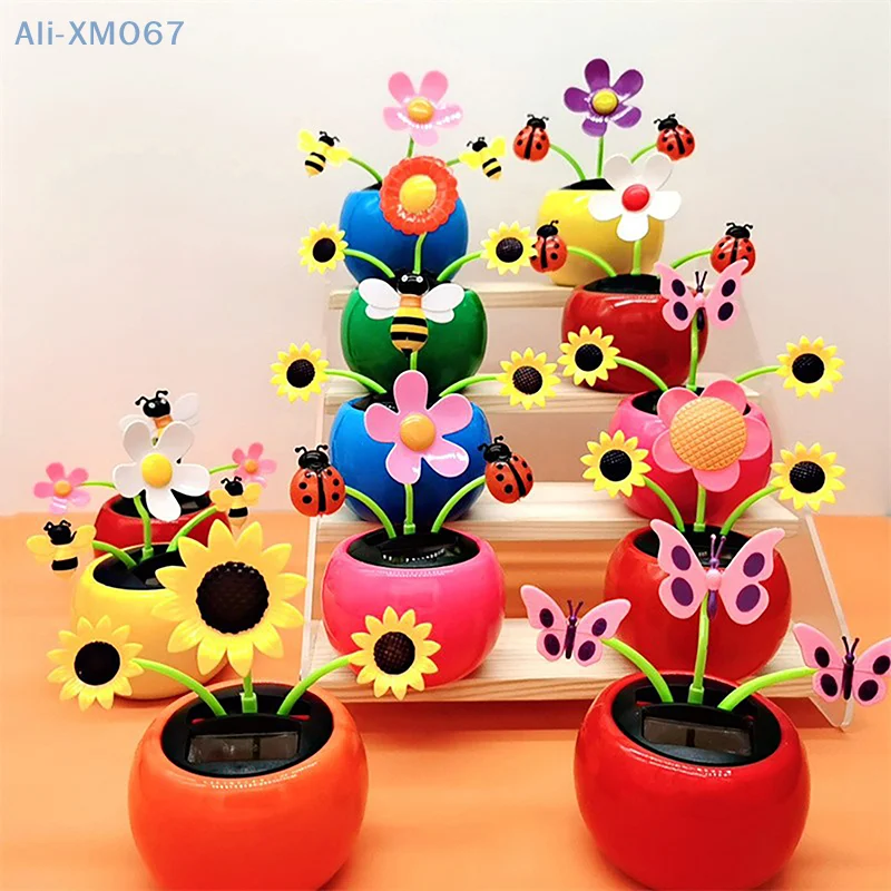 1PC Auto Dashboard Decor Office Indoor Car Ornament Flower Pot Solar Powered Dancing Shaking Head Cartoon Apple Flower Pot