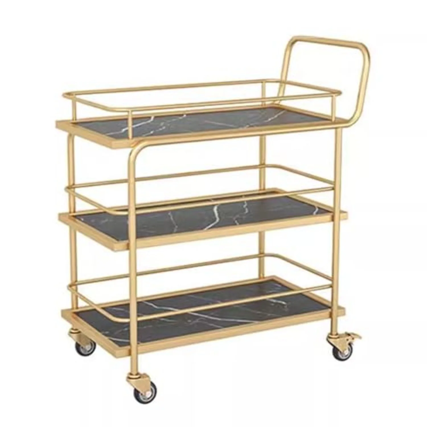 Metal Restaurant Service Trolley, 2/3 Tiers Golden Hotel Cart with Fence and Marble-Coloured Ecological Panels (Black