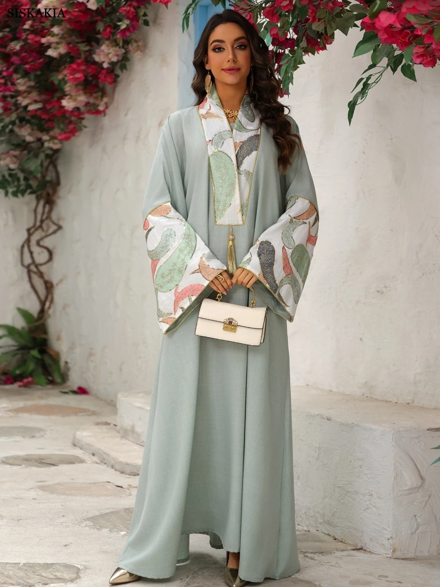 Siskakia New Muslim Elegant Patchwork Maxi Abaya Fashion Tassel Dress Embroidery Loose Kaftan